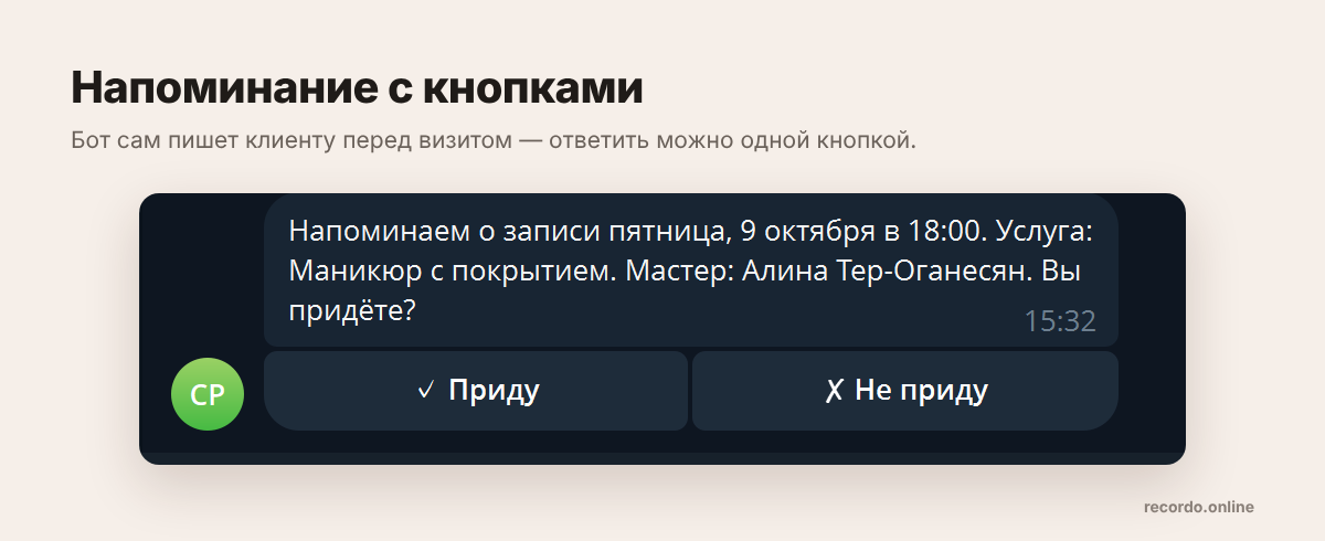 Напоминание клиенту о записи в Telegram с кнопками «Приду» и «Не приду»
